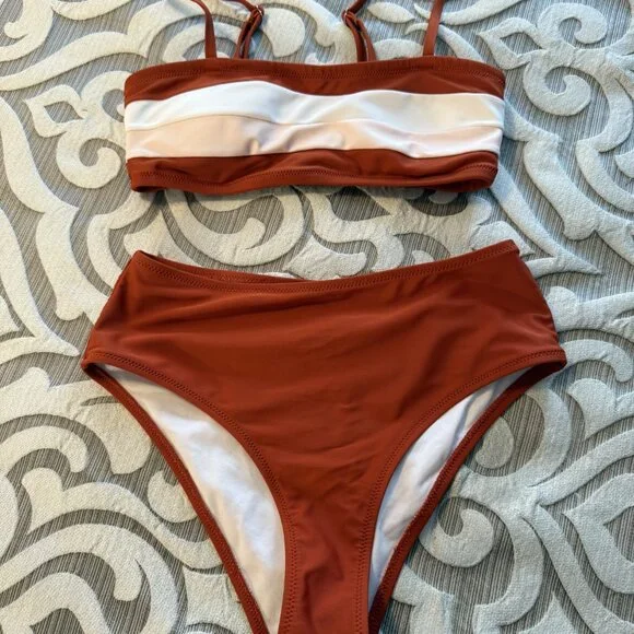 Cupshe Women’s 2 Piece High-Waisted Faith Contrast Color Bandeau Bikini Size XS - Picture 3 of 5